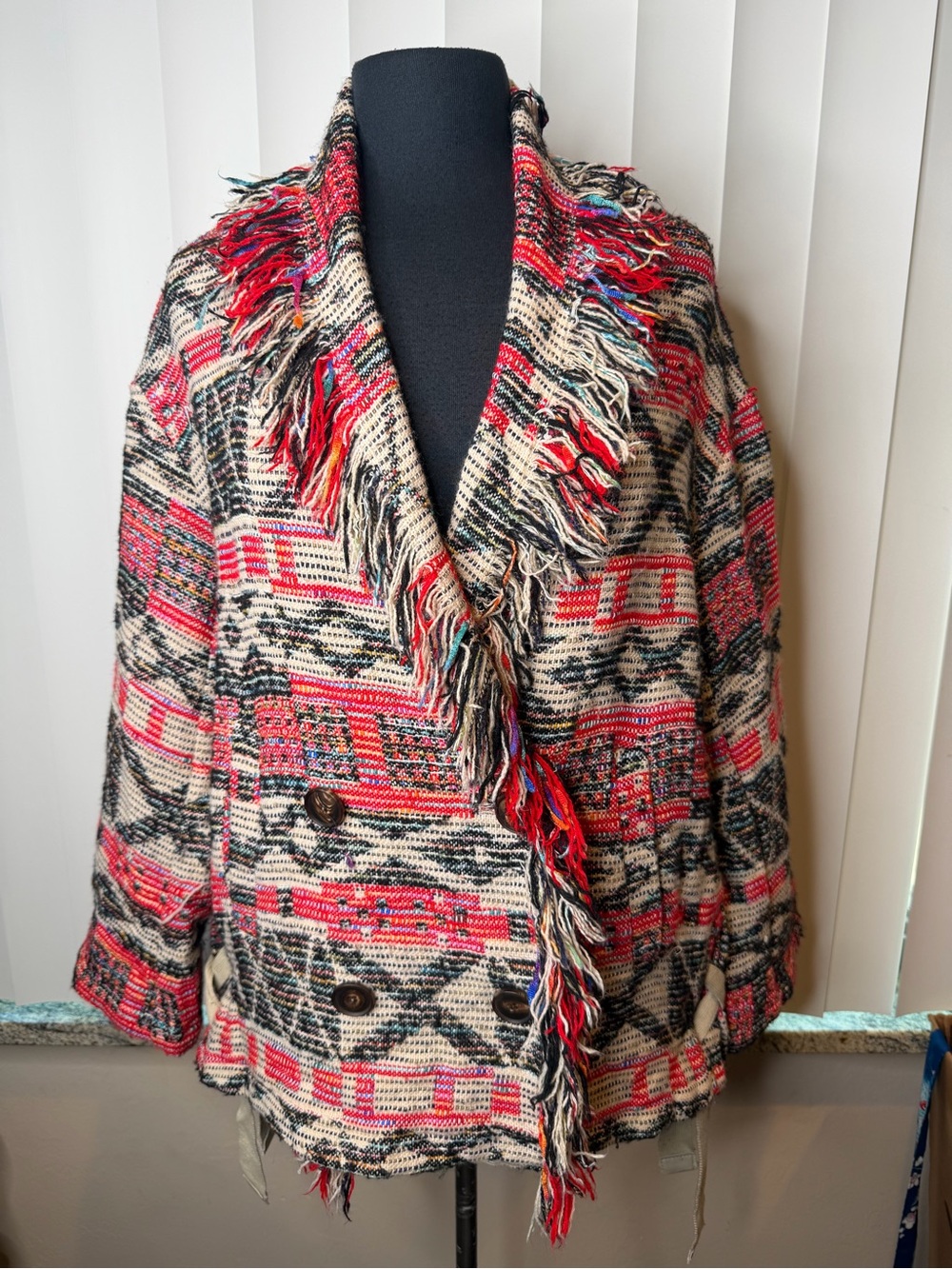 Zara boho fringe jacket bold multi-colored Aztec-inspired woven pattern SZ XS